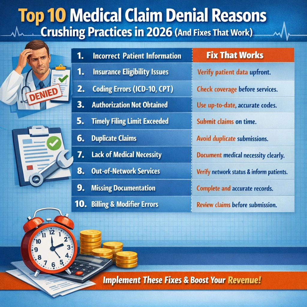 Top 10 Medical Claim Denial Reasons Crushing Practices in 2026 (And Fixes That Work)