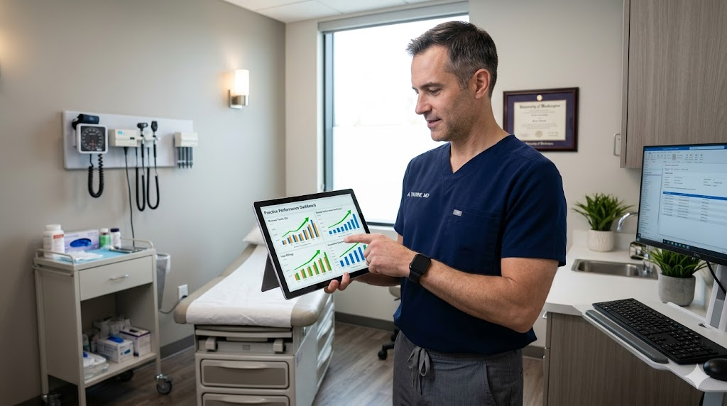 A confident solo physician reviewing a real-time billing dashboard on a tablet in a clean modern exam room. Charts show upward revenue trends. Calm, professional atmosphere. No stethoscope-on-keyboard cliché.