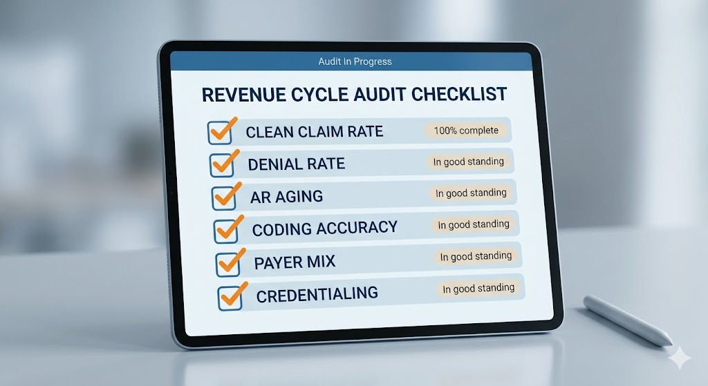 A clean digital audit checklist showing all 6 audit categories with checkboxes: Clean Claim Rate, Denial Rate, AR Aging, Coding Accuracy, Payer Mix, Credentialing. Professional, minimal design.