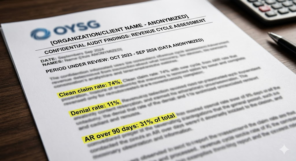 A blurred/anonymized audit report document with key metrics highlighted in yellow: 'Clean claim rate: 74%', 'Denial rate: 11%', 'AR over 90 days: 31% of total'. Creates urgency around audit value.