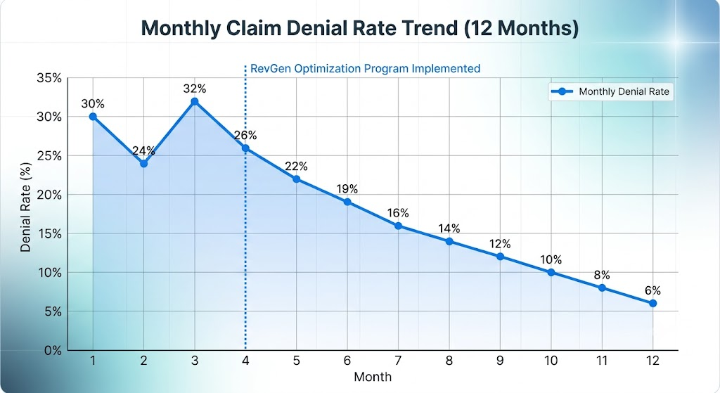 A line chart showing a practice's monthly denial rate over 12 months high and volatile for months 1–3 (before RevGen), then steadily declining from month 4 onward. Clean, data-driven design.