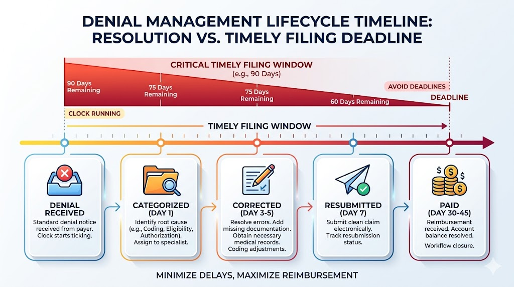 A horizontal timeline showing the denial lifecycle: Denial Received → Categorized (Day 1) → Corrected (Day 3–5) → Resubmitted (Day 7) → Paid (Day 30–45). Emphasize the timely filing window shrinking.