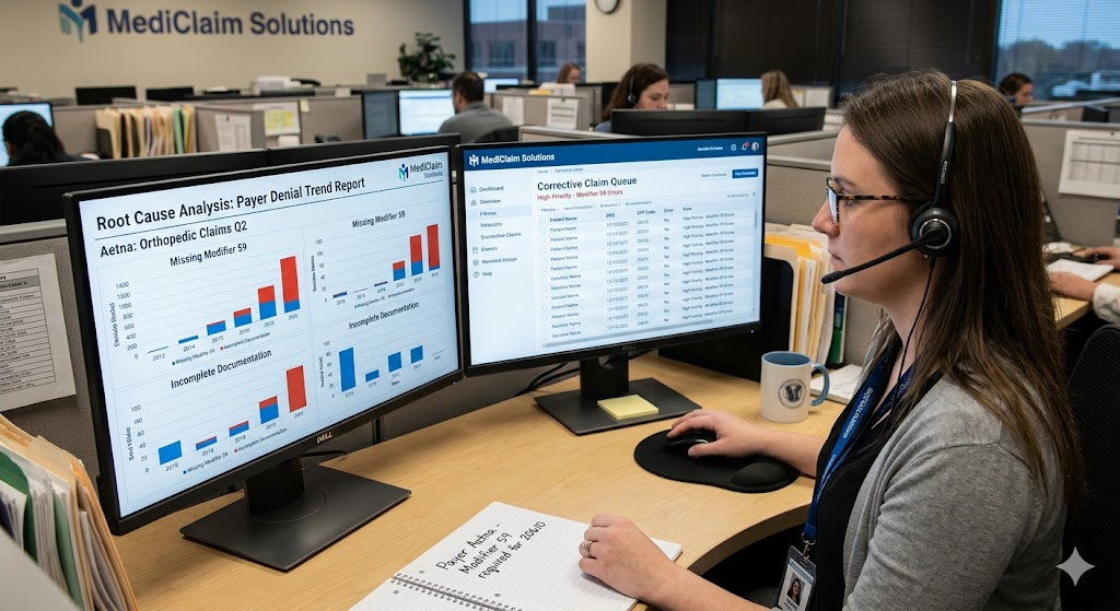 A billing specialist reviewing a denial trend report on a dual monitor, with one screen showing a payer-specific denial pattern and the other showing the corrective claim queue.