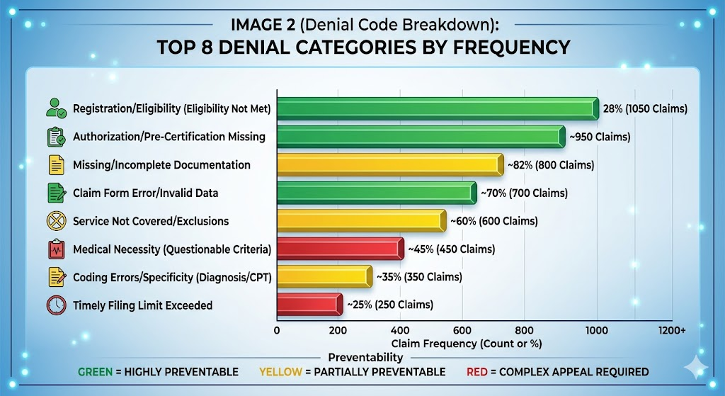 A bar chart showing the top 8 denial categories by frequency, with each bar color-coded by preventability (green = highly preventable, yellow = partially preventable, red = complex appeal required).