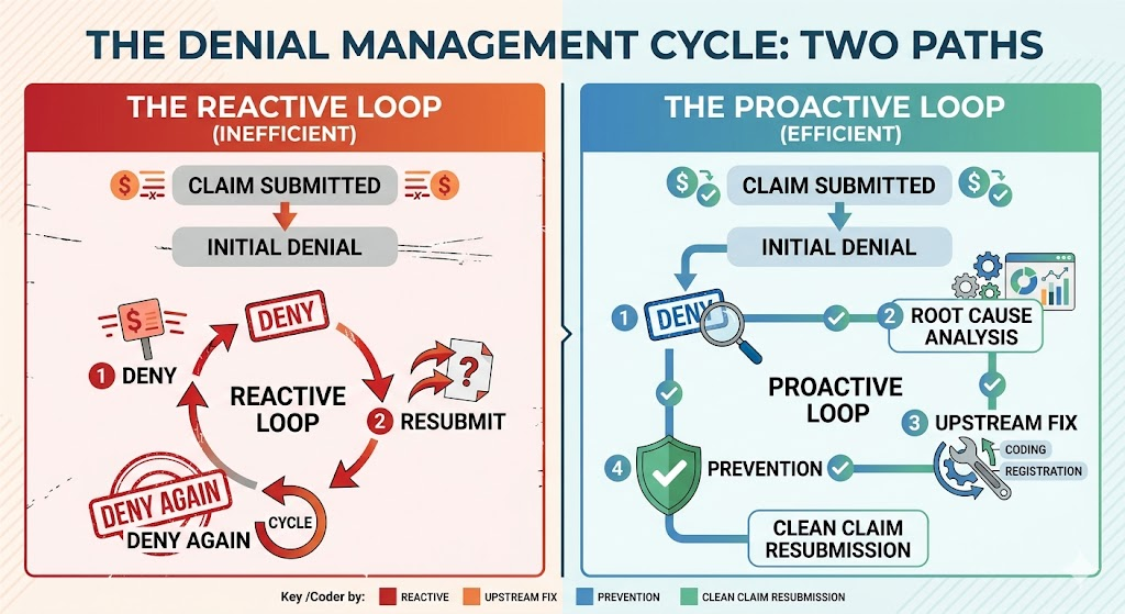 A flowchart showing the two denial management paths: Reactive Loop (Deny → Resubmit → Deny again) vs. Proactive Loop (Deny → Root Cause → Upstream Fix → Prevention). Clear visual contrast between the two approaches.