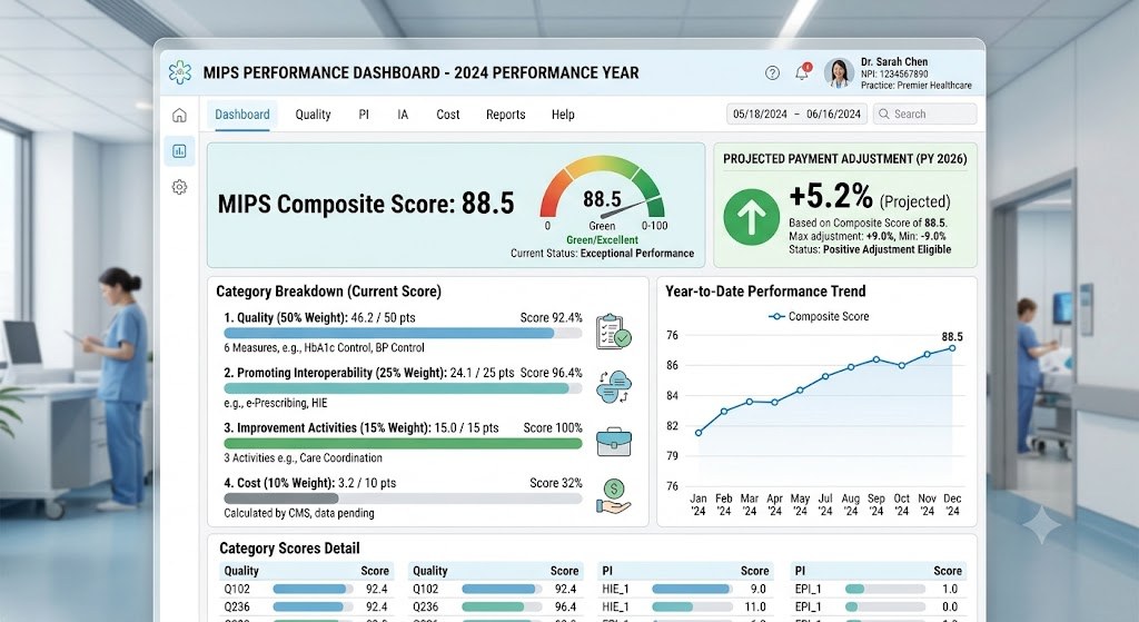 A mockup of a MIPS performance score dashboard showing composite score, category breakdown, and projected payment adjustment. Clean, data-driven design.