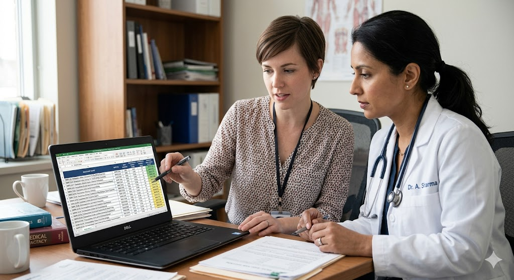 A billing specialist and physician reviewing a MIPS measure selection spreadsheet on a laptop, with quality measures ranked by expected performance score. Realistic, professional setting.