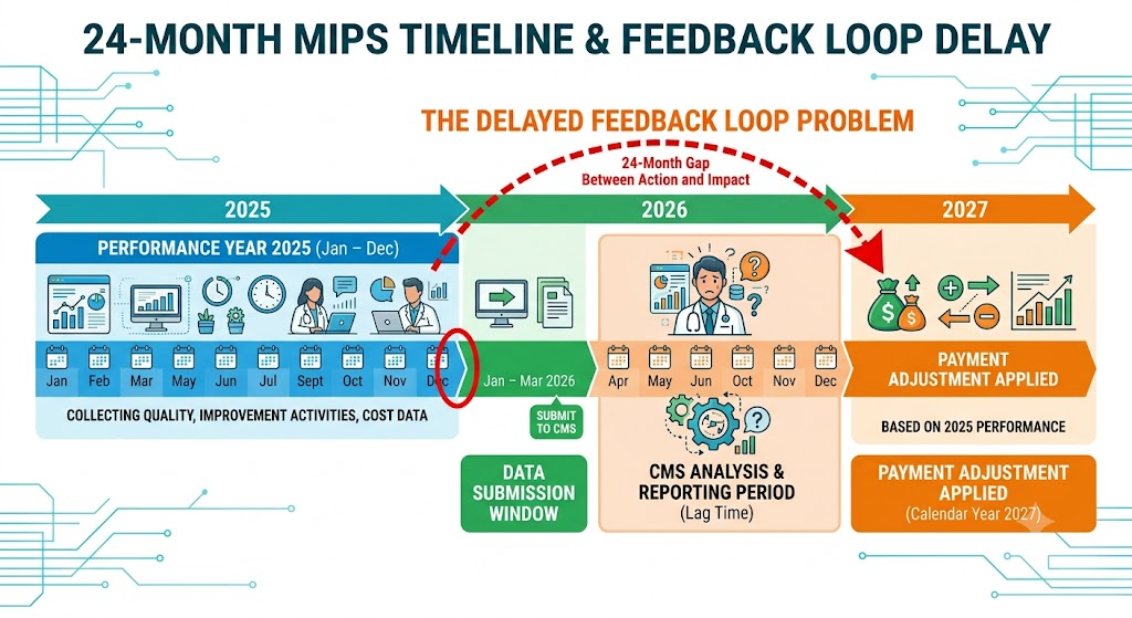 A 24-month MIPS timeline showing: Performance Year (Jan–Dec 2025) → Submission Window (Jan–March 2026) → Payment Adjustment Applied (2027). Highlights the delayed feedback loop problem.