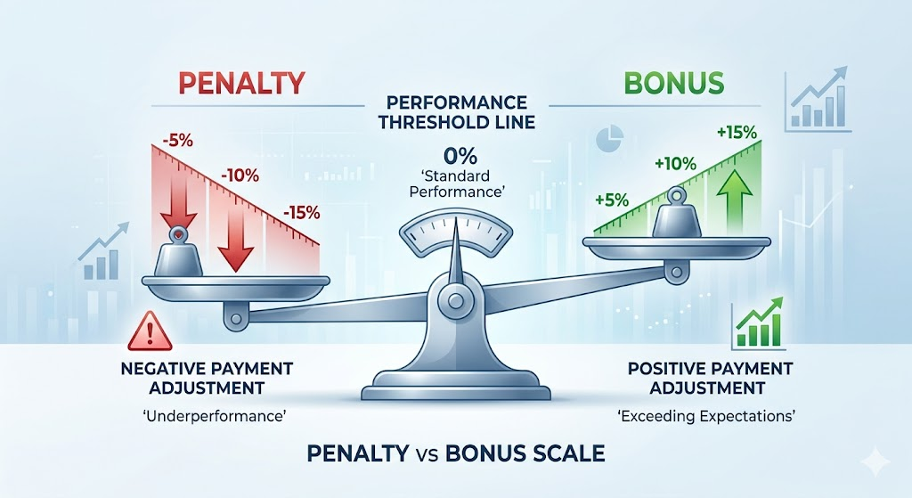 A visual scale/balance showing negative payment adjustment on one side and positive payment adjustment on the other, with the performance threshold line in the middle. Clean, conceptual, professional.
