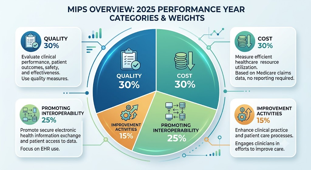 A clean infographic showing the 4 MIPS categories as a pie chart with their 2025 weights: Quality 30%, Promoting Interoperability 25%, Improvement Activities 15%, Cost 30%. Professional, brand-colored design.