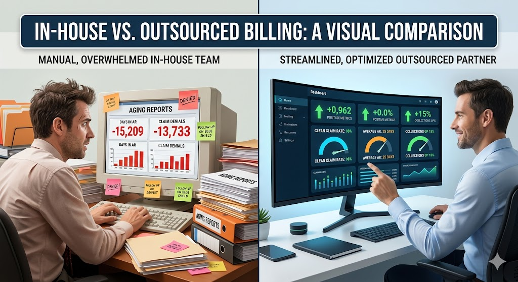 A side-by-side visual comparing in-house billing (cluttered desk, sticky notes, aging reports with red numbers) vs. outsourced billing (clean dashboard, green metrics, organized workflow).