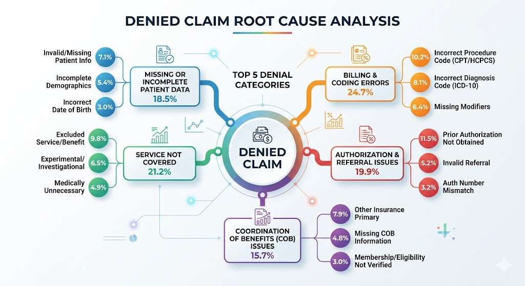 A root-cause tree diagram showing the top 5 denial categories branching from a central 'Denied Claim' node. Clean, professional, data-driven aesthetic.
