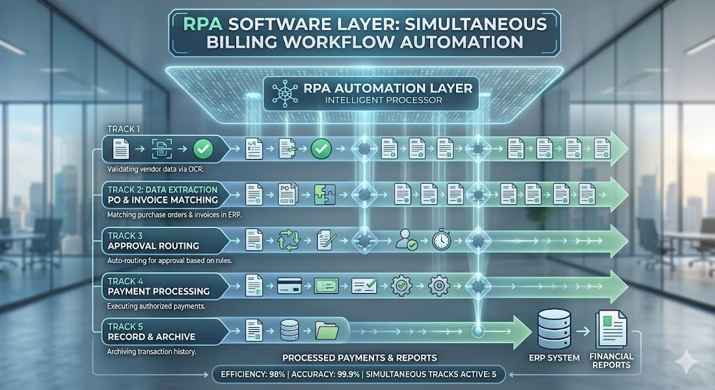 Abstract but professional visualization of automation a billing workflow with tasks being processed simultaneously by a software layer, not robots. Clean, B2B-appropriate, not cartoonish.