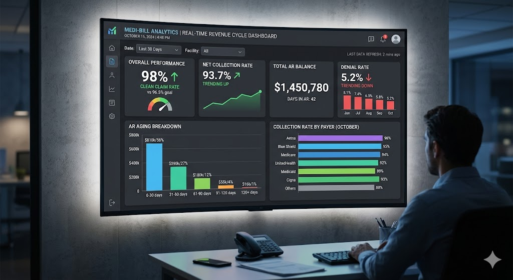 A realistic mockup of a real-time billing dashboard showing metrics: 98% clean claim rate, AR aging breakdown, collection rate by payer, denial rate trending down.