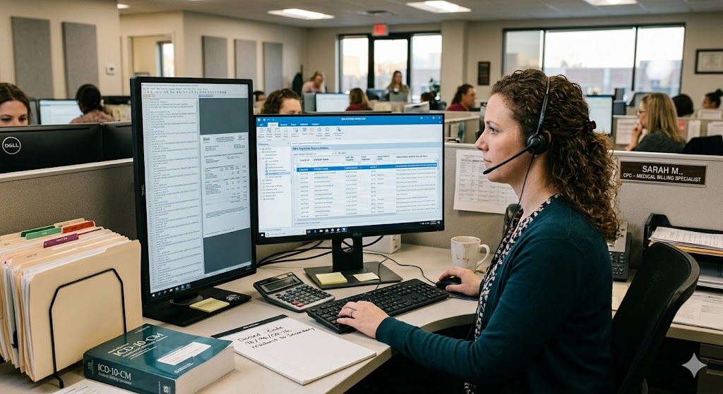 A medical billing specialist at a workstation running through an ERA posting workflow. Professional, realistic, not stock-photo generic.