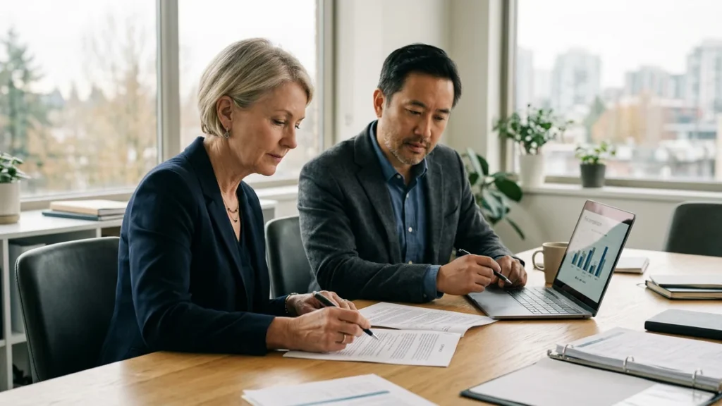 Two practice partners reviewing a medical billing company contract and fee schedule at a conference table"Ask for the full fee schedule in writing. Setup fees and statement fees are where the surprises live.