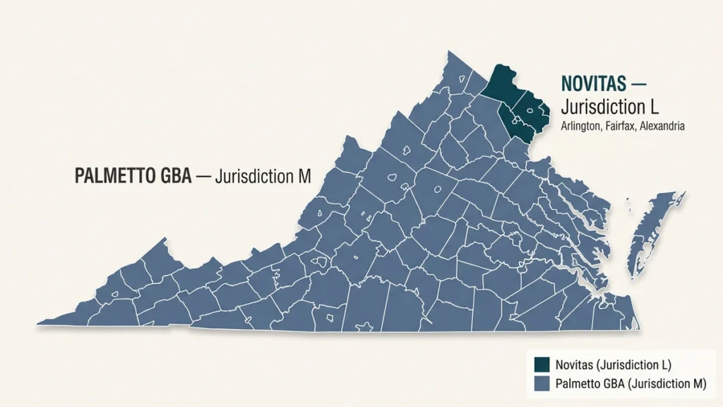Map showing Virginia's Medicare Part B split between Novitas Jurisdiction L and Palmetto GBA Jurisdiction M"Arlington, Fairfax and Alexandria bill Part B to Novitas. The rest of Virginia bills Palmetto GBA.